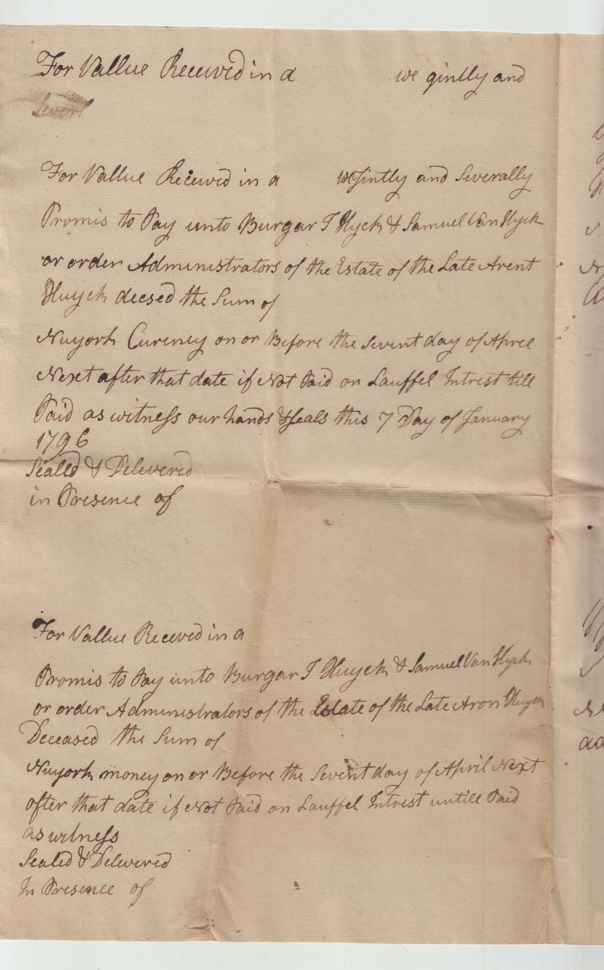 BH048, 1796-01-06 Promissory Note, 16 Blank Promissory Notes to Pay the Administrators of Aron Huyck's Estate